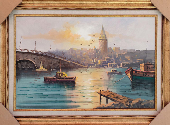 Galata ve Galata Köprüsü Manzaralı Yağlı Boya Tablo resmi