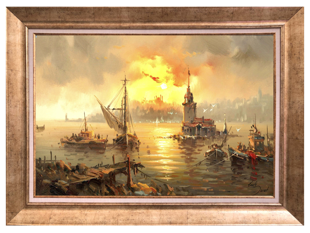 Tekneler ve Tarihi Kız Kulesi Yağlı Boya Tablo resmi