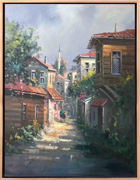 Eski İstanbul Sokağı Ahşap Evler Yağlı Boya Tablo resmi