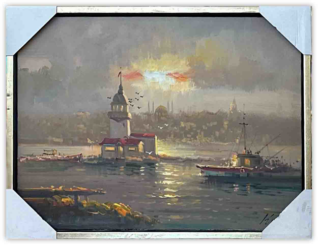 Kız Kulesi ve Günbatımı Yağlı Boya Tablo resmi