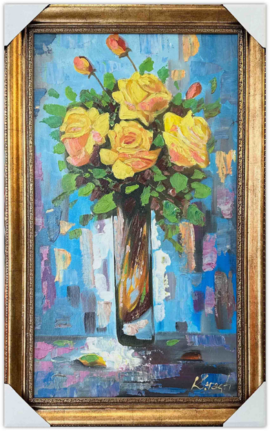 Vazo ve Sarı Çiçekler Yağlı Boya Tablo resmi