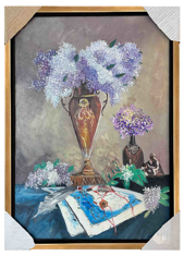 Beyaz ve Mor Çiçekler Yağlı Boya Tablo resmi