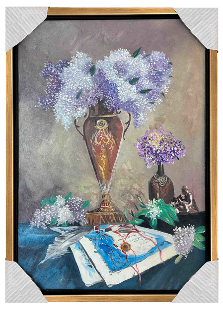 Beyaz ve Mor Çiçekler Yağlı Boya Tablo resmi