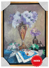 Beyaz ve Mor Çiçekler Yağlı Boya Tablo resmi