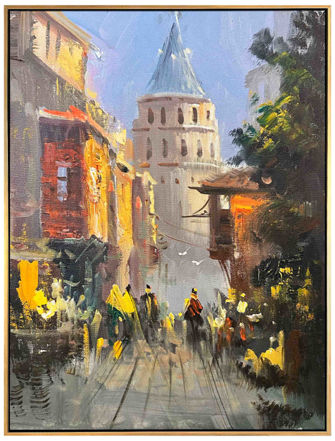Eski Soft Galata Kulesi Sokakları Yağlı Boya Tablo resmi