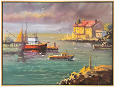 Deniz de Tekneler Ve Yalılar Yaglı. Boya Tablosu resmi