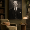 Mustafa Kemal Atatürk'ün takım elbiseli ve ciddi bir ifadeyle resmedildiği, monokrom tonlardaki dikey yağlıboya portre tablosu.