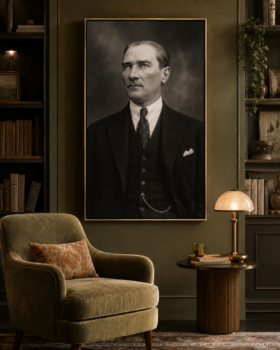 Mustafa Kemal Atatürk'ün takım elbiseli ve ciddi bir ifadeyle resmedildiği, monokrom tonlardaki dikey yağlıboya portre tablosu.