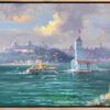 Deniz üzerinde Kız Kulesi, bir tekne ve arka planda İstanbul silüetinin resmedildiği yağlı boya tablo.