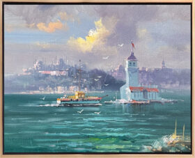Deniz üzerinde Kız Kulesi, bir tekne ve arka planda İstanbul silüetinin resmedildiği yağlı boya tablo.