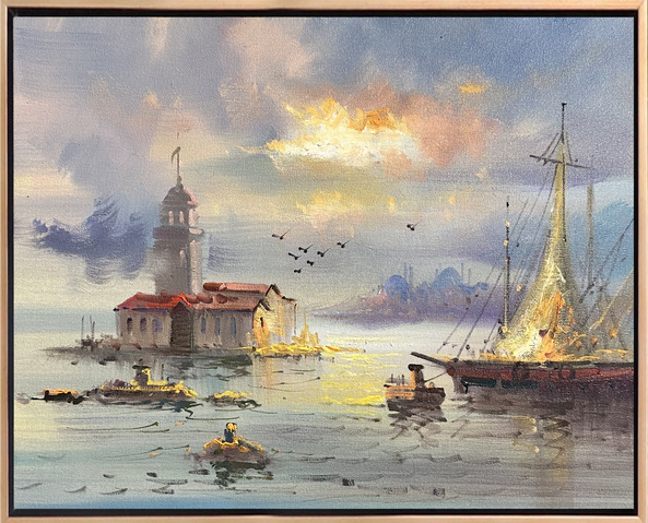 Gün batımında Kız Kulesi, denizdeki tekneler ve arka planda İstanbul silüetini gösteren yağlı boya tablo.