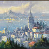 Galata Kulesi ve İstanbul silüetinin resmedildiği, mavi ve sarı tonların hakim olduğu dokulu yağlıboya tablo.
