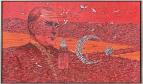 Kırmızı tonlarda Atatürk portresi, Galata Kulesi, İstanbul manzarası ve kuşlardan oluşan ay yıldız figürlü yağlı boya tablo.