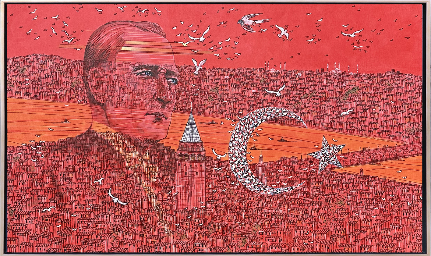 Kırmızı tonlarda Atatürk portresi, Galata Kulesi, İstanbul manzarası ve kuşlardan oluşan ay yıldız figürlü yağlı boya tablo.