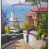 Kız Kulesi, deniz ve tarihi evlerin göründüğü, güneşli bir İstanbul sokağını betimleyen yağlı boya tablo.