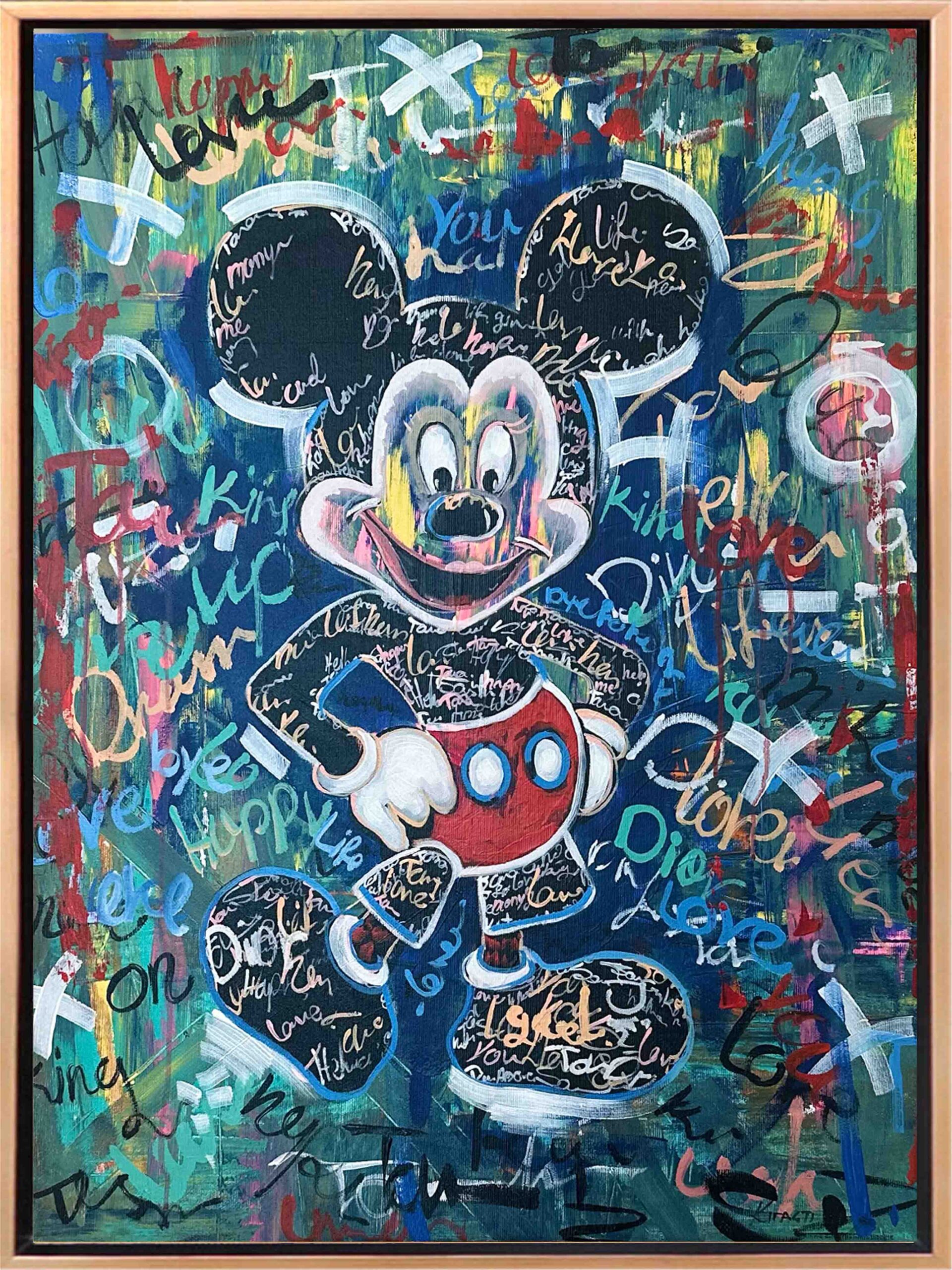 Renkli graffiti tarzında arka plan üzerinde, gövdesi yazılarla kaplı Mickey Mouse figürünün tasvir edildiği yağlı boya tablo.