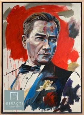 Kırmızı arka plan önünde smokinli Mustafa Kemal Atatürk portresi yağlı boya tablo.