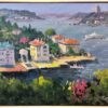 İstanbul Boğazı kıyısındaki yalıları, yeşil tepeleri ve denizi gösteren yağlı boya tablo.