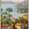 Deniz kenarındaki renkli evleri ve ağaçları gösteren İstanbul manzaralı yağlı boya tablo.