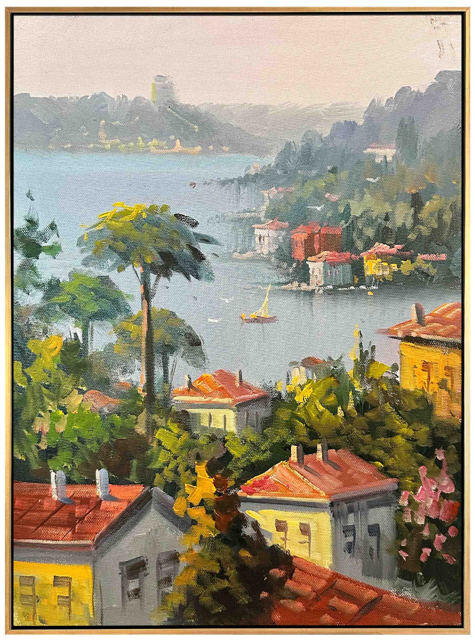 Deniz kenarındaki renkli evleri ve ağaçları gösteren İstanbul manzaralı yağlı boya tablo.