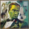 Modern sanat tarzında, yeşil ve sarı tonların ağırlıkta olduğu, smokinli Mustafa Kemal Atatürk portresi yağlı boya tablo.