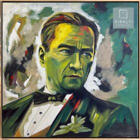 Modern sanat tarzında, yeşil ve sarı tonların ağırlıkta olduğu, smokinli Mustafa Kemal Atatürk portresi yağlı boya tablo.