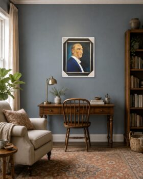 Mavi ceketli ve beyaz papyonlu Mustafa Kemal Atatürk yağlı boya portresi.
