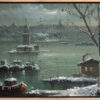 Karlı bir kış gününde İstanbul Boğazı, Kız Kulesi, balıkçı tekneleri ve küçük bir kulübenin resmedildiği yağlı boya tablo.