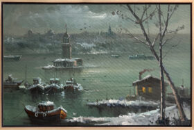 Karlı bir kış gününde İstanbul Boğazı, Kız Kulesi, balıkçı tekneleri ve küçük bir kulübenin resmedildiği yağlı boya tablo.