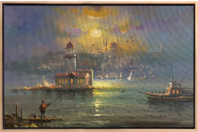Kız Kulesi, İstanbul silüeti, bir balıkçı ve teknenin yer aldığı, gün batımı renklerinin hakim olduğu yağlı boya tablo.