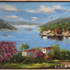 İstanbul Boğazı, Rumeli Hisarı, vapur ve pembe erguvan ağaçlarının resmedildiği yağlı boya manzara tablosu.