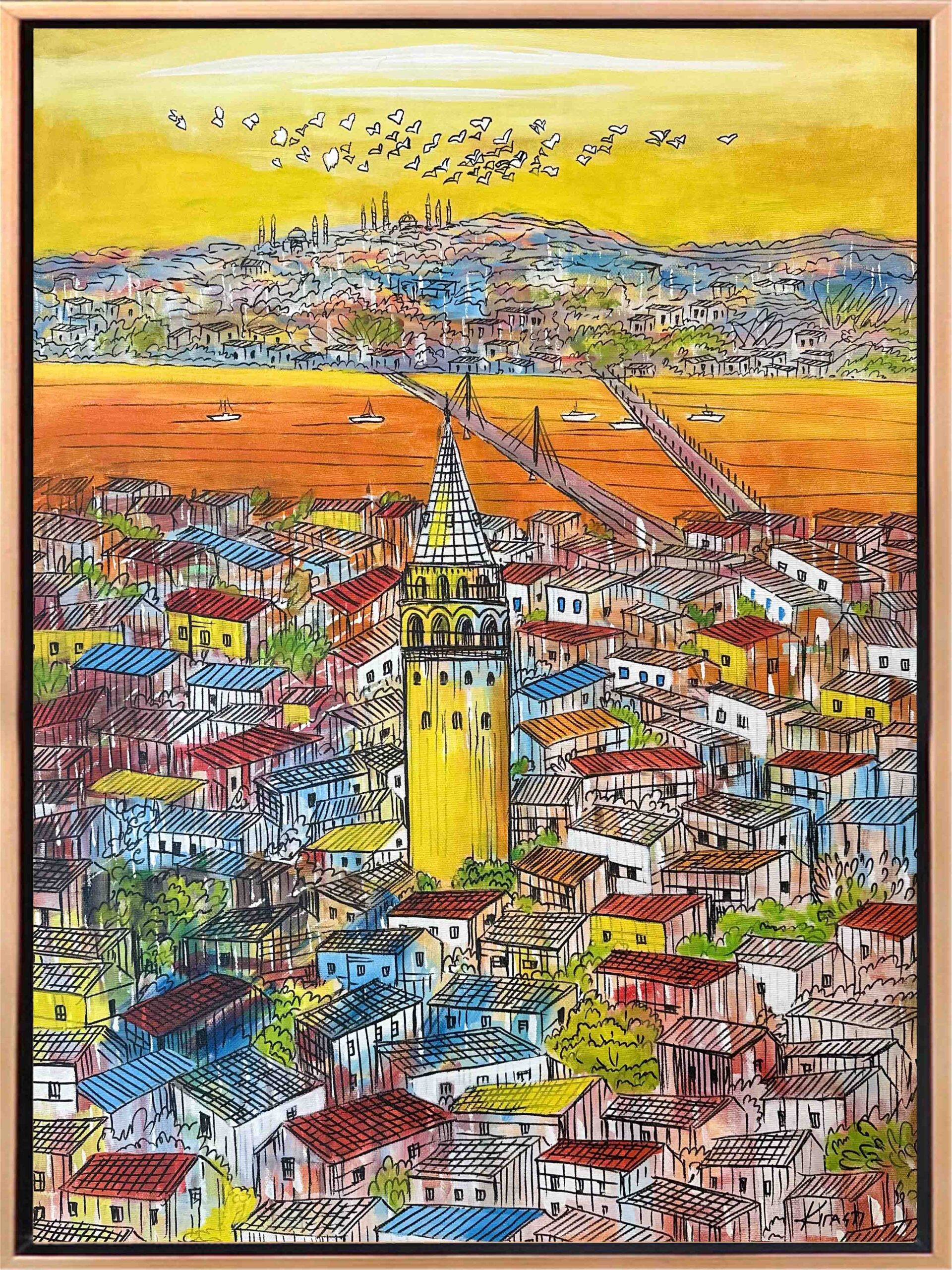 Renkli Galata Kulesi ve İstanbul Şehir Manzaralı Yağlı Boya Tablo - Görsel 3